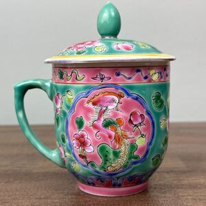 Antique Peranakan Porcelain Nyonya Ware Tea Cup + Lid Straits Chinese Green Rare